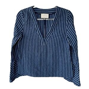 Alexis Pearce Bell Sleeve V-Neck Linen Stripe Blouse Blue White Roll Tab Medium
